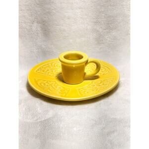 Kameyama Japan Yellow Embossed Pottery Taper Candle Holder Finger Hole